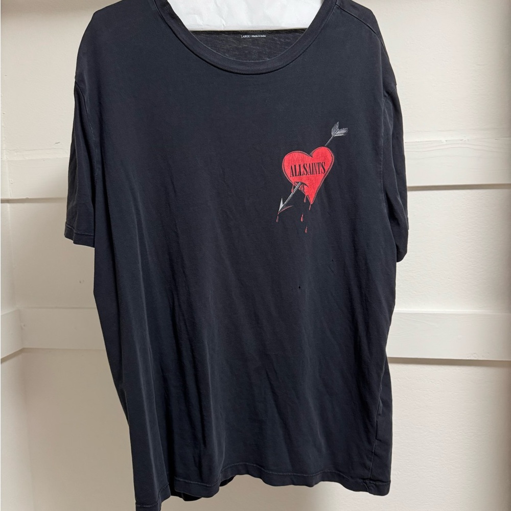 AllSaints Black T-Shirt with Heart Graphic